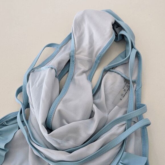 Womens SheIn One Piece Bathing Suit Monokini Ruffle Deep Plunge Small Light Blue - Picture 8 of 9